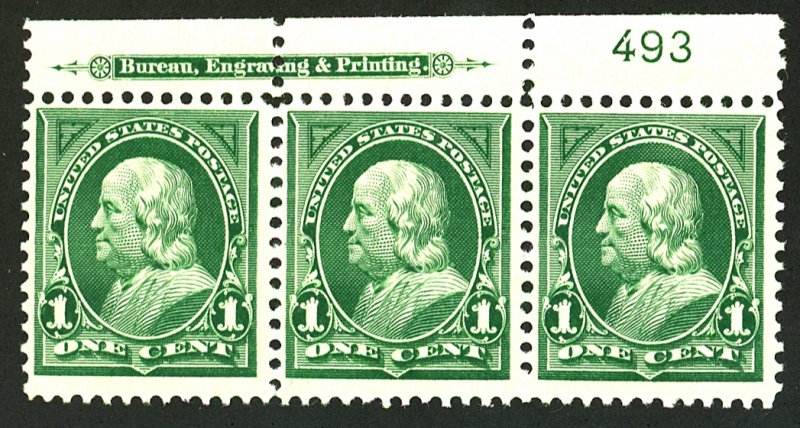 U.S. #279 MINT PL# STRIP OF 3 OG NH