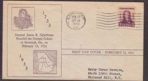 1933 Oglethorpe Sc 726-16 FDC Hux cut map cachet Savannah GA