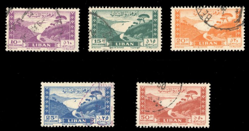 Lebanon #C145A-147B Cat$49.10, 1949 Bay, set of five, used, 10p thin