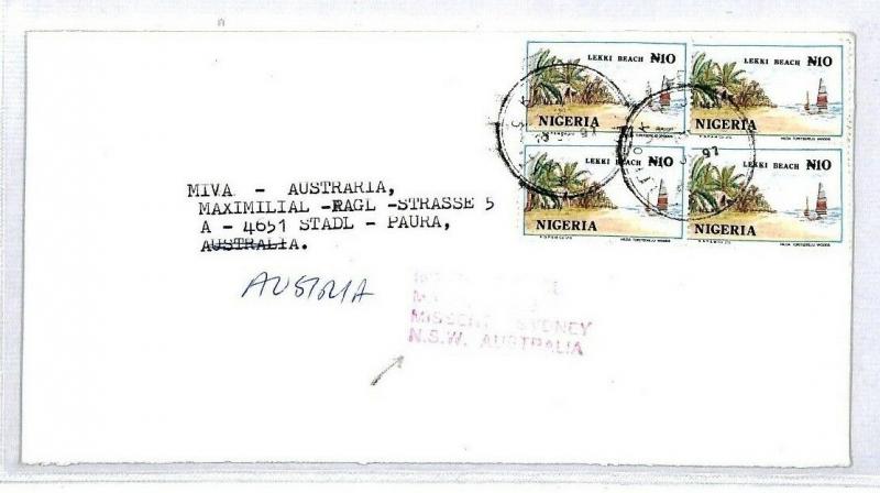 NIGERIA *Onitsha* Cover MIVA Austria *MISSENT TO AUSTRALIA* 1997 {samwells}CS300