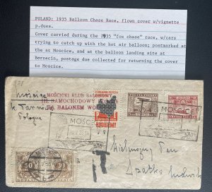 1935 Mościce Poland Balloon Chase Race Flight Airmail Cover To Borzecin