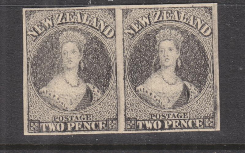 NEW ZEALAND, Full Face Queen, 2d. Black, Plate Proof pair on thick paper.
