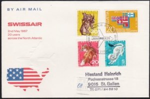 SWITZERLAND 1967 Swissair 20th Anniv flight cover - New York pmk on rev....A6324