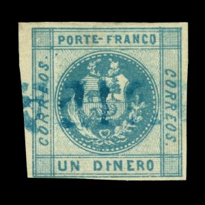 PERU 1858 Coat of Arms  1d slate blue Scott # 7 used PIURA blue cancel