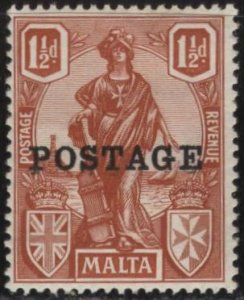 Malta 119 (mhr) 1½p allegory of Malta, org brn, ovptd “POSTAGE” (1926)