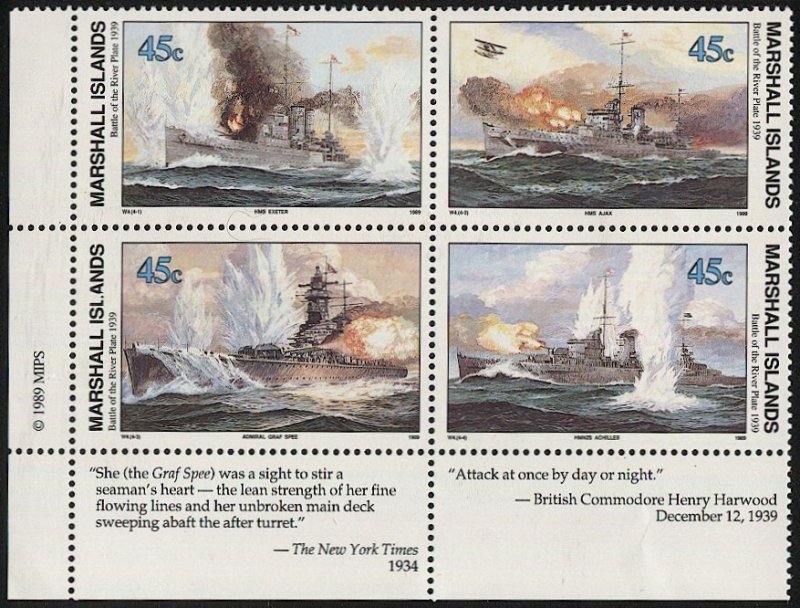 US Marshall Islands 1989 Sc 245a WWII Anniversary 45c Mint NH Block, Ships