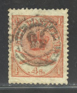 Denmark Scott 13 Used H - 1864 4s Royal Emblems - SCV $8.00