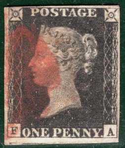 GB PENNY BLACK QV 1840 Stamp SG.2 1d Plate 6 (FA) Used Red MX Cat £400- HPR148