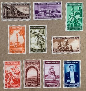 Turkey 1938 Izmir Fair 2nd Issue, MNH. Scott 789-798, CV $75.00. Isfila 1363-72