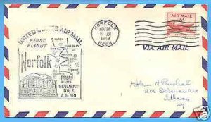 90N18  NORFOLK, NEB. - MID-WEST A/L 1949 AM 90, FIRST FLIGHT AIRMAIL COVER.