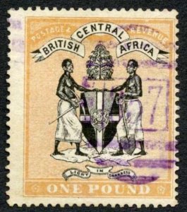 Nyasaland SG29 One Pound Black and Yellow-orange 357 Barred Cancel Cat 600 poun 