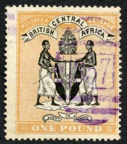 Nyasaland SG29 One Pound Black and Yellow-orange 357 Barred Cancel Cat 600 poun 