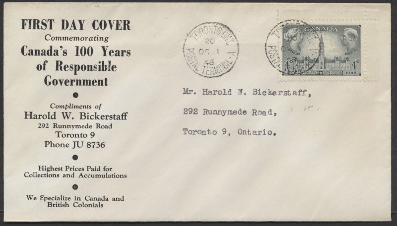 1948 #277 Responsible Gov't FDC Bickerstaff Cachet Toronto Terminal A CDS