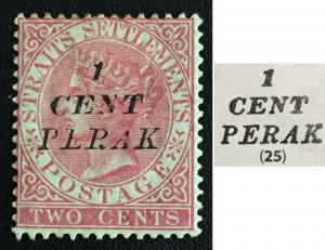 MALAYA 1886 PERAK opt Straits Settlements QV 1c on 2c MLH T25 SG#28 M3184