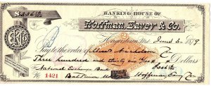 June 6, 1879 $336.16 Check, Banking House of Hoffman, Eavey & Co, Hagerstown, MD