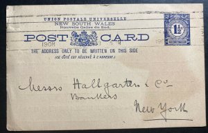 1908 Sydney Australia Stationery Postcard Commercial Cover To New York USA