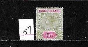 TURKS & CAICOS IS. SCOTT #57 1894  5p (OLIVE GREEN/CARMINE) WMK 2 - MINT HINGED