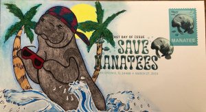 2024 Save Manatees FDC HAND DRAWN PAINTED CACHET DCP Cool Dude Waves