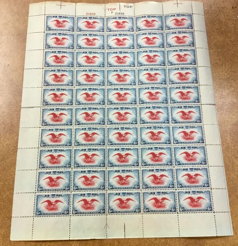  C-23 Eagle holding Shield MNH 6 c Sheet of 50  Airmail  Issued in 1938 