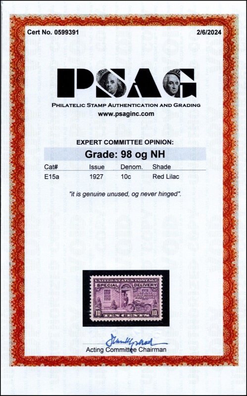 Scott E15 10 Cents Special Delivery MNH PSAG Cert Grade 98 SCV $70.00