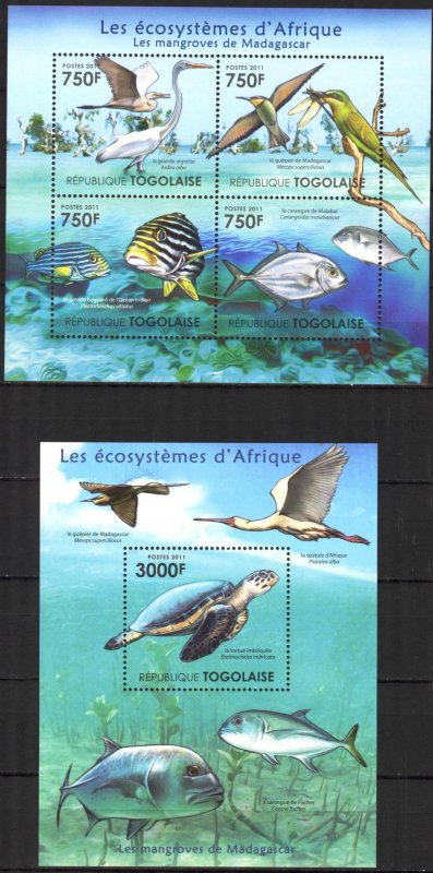 Togo 2011 Ecosystems Madagascar Birds Fishes Turtles Sheet + S/S MNH