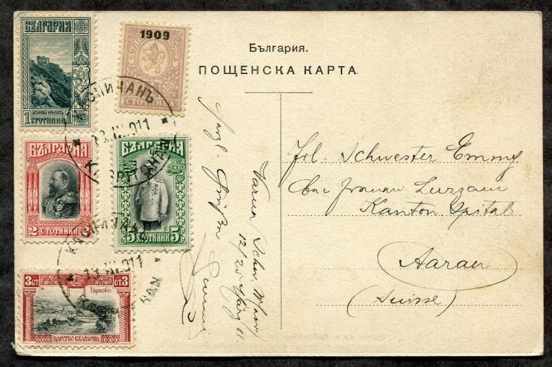 2389 - BULGARIA 1911 Five Values on TURKEY Farming Postcard to SWITZERLAND