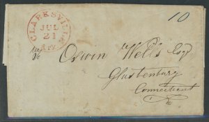 US  Clarksville Arkansas, 21 Jul 1845.  Red CDS, manuscript 10 (due) to Connecticut.  A few faint stains, very strong CDS stri