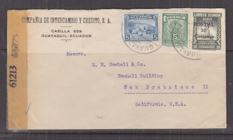 ECUADOR, c1942 Censored cover, Guayaquil to USA, 5c.(2), 50c. 