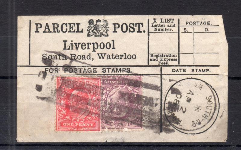 EDWARD VII 1d + 6d USED ON PARCEL POST LABEL