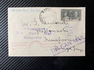 1937 Fiji Tin Can Canoe Mail Cover Suva to Niuafoou Tonga British Commonwealth