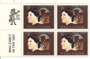 US#1487 8c Willa Cather-1973 Zip -mail early  Block (MNH) CV $1.00