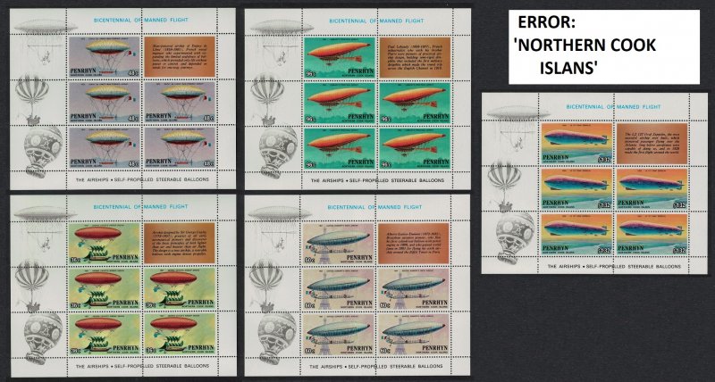 Penrhyn Bicentenary of Manned Flight Sheets ERROR RARR 1983 MNH