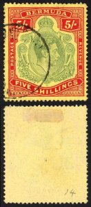 Bermuda SG118b KGVI 5/- Pale Green and Red/yellow Line Perf 14.25 (Ref 45)