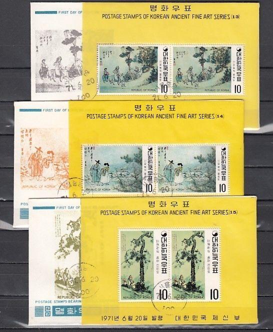 South Korea, Scott cat. 784a-786a. Ptgs. by Shin Yun-Bok s/sheets on 3 F.D.C`s.