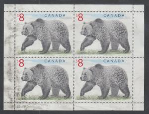 Canada Sc 1694 used. 1997 $8.00 Grizzly Bear, complete sheet of 4, margin fault