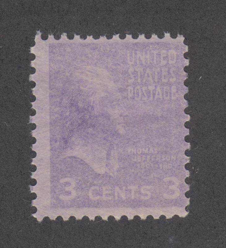 US Sc 807 MNH. 1938 3c deep violet Jefferson, UNDER INKED Oddity