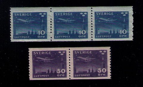 MNH SC C6-C7 SWEDEN NIGHT MAIL AEROPLANE OVER STOCKHOLM 1 PAIR + STRIP OF (3) VF