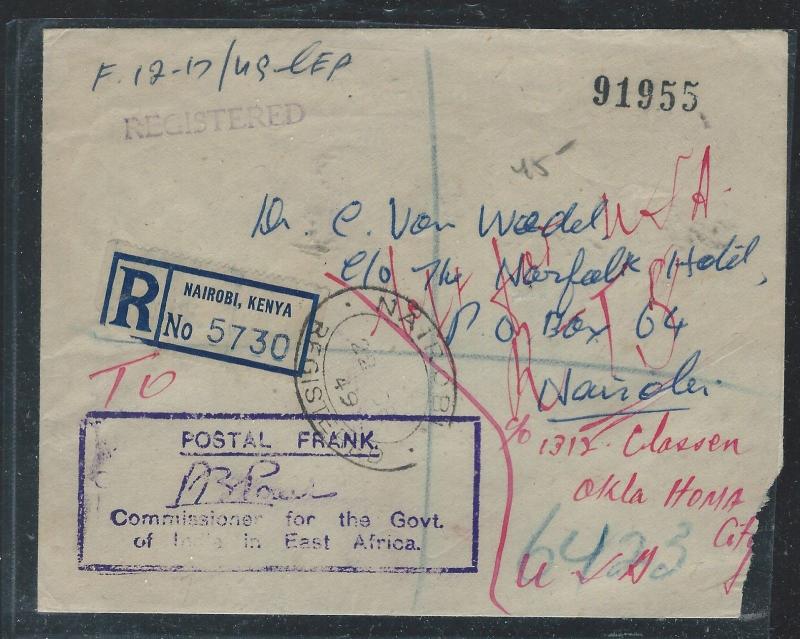 KENYA, UGANDA, TANGANYIKA (3009B) 1949 POSTAL FRANK COMISSIONER REG IN NAIROBI