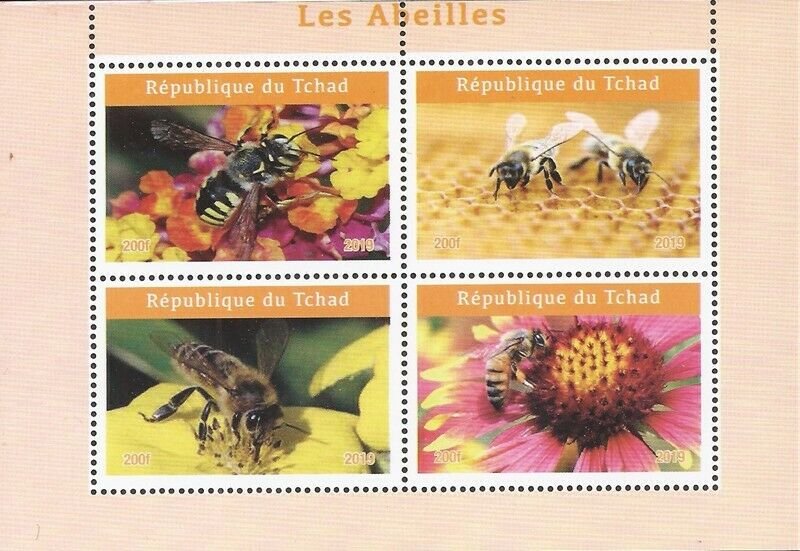 Chad - 2019 Bees on Stamps - 4 Stamp Sheet - 3B-736