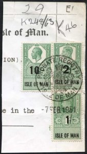 Isle of Man KGV 10/- and KGVI 2/- and 1/- Key Plate Type Revenues CDS on Piece
