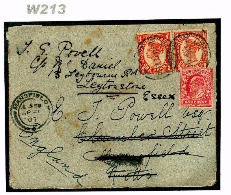 Australia QUEENSLAND GB FRANKING 2d Rate Cover 1907 Forwarded Mansfield W213