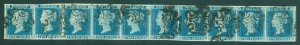 SG 14 1841 2d blue plate 3 lettered KB-KK strip of 10. Fine used with Maltese... 