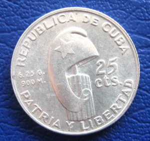 1953 Cuba Silver Coin 25c Jose Marti Centenary Silver Coin Circulated