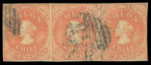 CHILE 1865 COLUMBUS - Last print - 5c rose red  Sc# 14 used  XF strip of 3