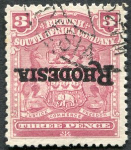 Rhodesia 1909 3d claret Opt inverted error SG104b used