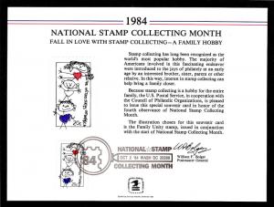 SOUVENIR CARD FIRST DAY National Stamp Collecting Month USPS FDOI FDC 1984