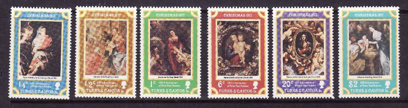 Turks & Caicos-Sc#331-6-unused NH set-Christmas-Rubens-Paintings-1977-