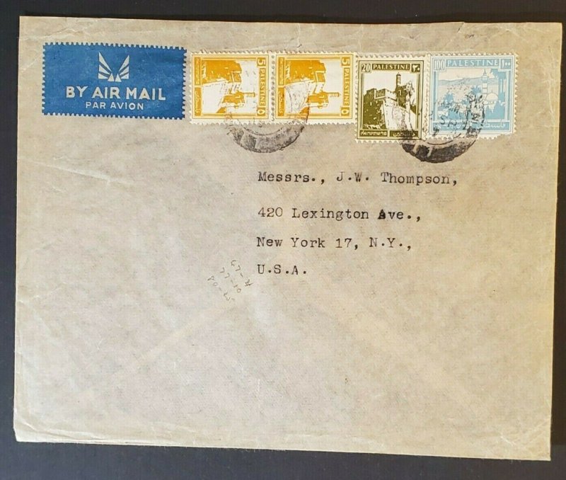 1947 Palestine to New York City USA Multi Franking Air Mail Cover 