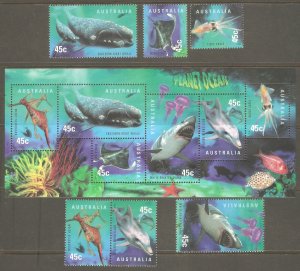 AUSTRALIA Sc# 1702 - 1707a MNH FVF Set6 + SS Planet Ocean Whale Shark Fish Squid