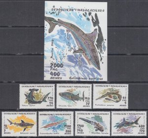 MALAGASY REPUBLIC Sc # 1280-7 CPL MNH SET of 7 + S/S VARIOUS LARGE FISH, SHARKS